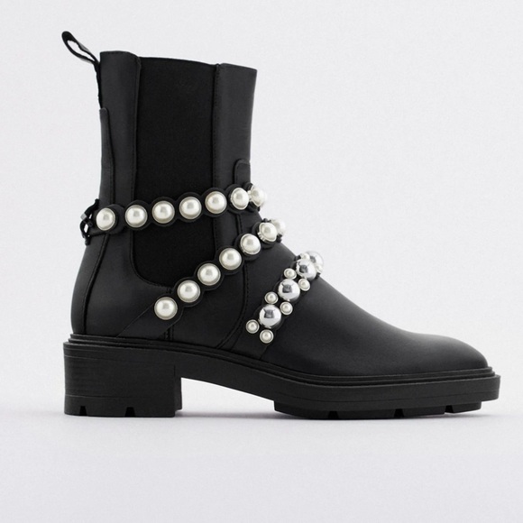 ZARA PEARL STRAP LOW HEELED LEATHER ANKLE BOOTS - Picture 10 of 13